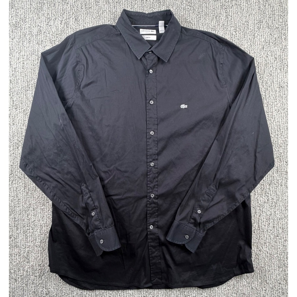 Lacoste Button Down Shirt Men US 18 Black Slim Fit Stretch Long Sleeve Logo